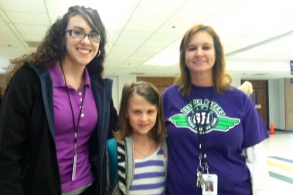 Mrs. V, Stormi and Ms. Chapman wearing purple World Cancer Day #brazoscotx_rfl
