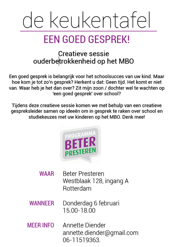 #DTV Gezocht: ouders van MBO-leerlingen in Rotterdam die MORGEN van 3-6 uur mee willen denken over ouderbetrokkenheid