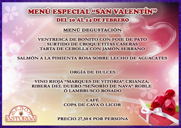 MESONASTORGA's tweet photo. Hazte un Regalo y ven a celebrar en el Mesón Astorga el día de San Valentín. Menú Especial desde el 10 al 14 Febrero. http://t.co/2WKas0SMKI