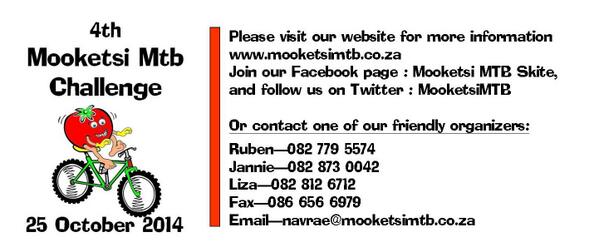 MooketsiMTB's tweet photo. The 4th Mooketsi MTB Challenge ~ 25/10/2014 from 07h00.
70, 35, 15, 10 funride AND 1km kids. BETTER and bigger! http://t.co/TKZkuDkXhJ