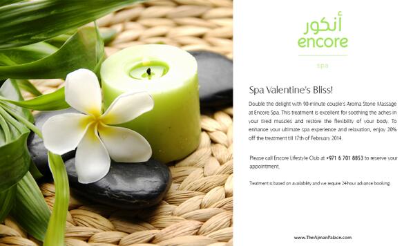 BahiAjmanPalace's tweet photo. Spa #ValentinesDay #bliss @TheAjmanPalace #EncoreSpa - 20% OFF on 90-minute couple's Aroma Stone Massage Treatment http://t.co/hQZwIjBxp9