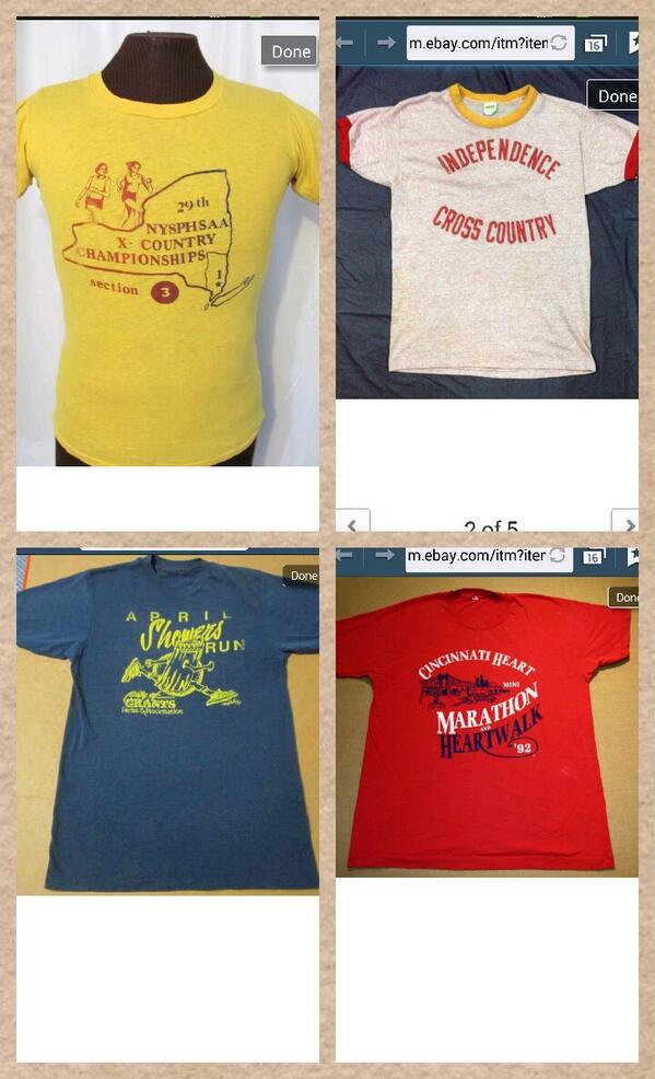 FunnyRunningXC's tweet photo. @unbreakablerun here's the glory of the random vintage running shirts I just bought!  Dates: 1982-1992 http://t.co/r0Wb8JR9kV