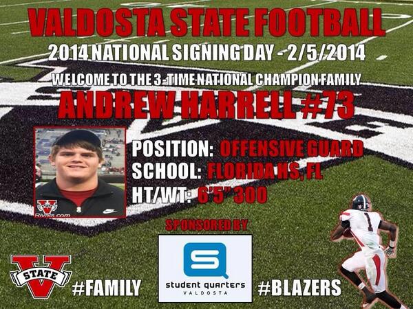 valdostastate's tweet photo. RT @valdostastfb: #BlazerNationFamily
Welcome to Valdosta State Football
OL - Andrew Harrell
#NSD2014 http://t.co/TZuAOCXSWH
#FloridaHS