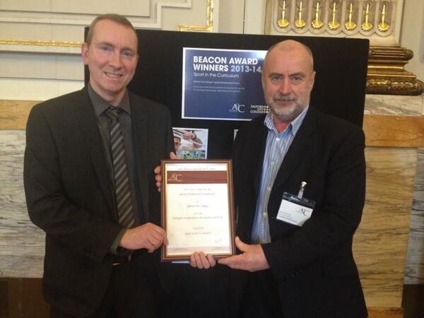1st4sportQuals's tweet photo. @1st4sportQuals Education Director Tony Dallimore with @salfordcc 's Phil Arbelo-Dolan &amp; their @AoCTrust Beacon Award http://t.co/Q19rU0tfYW