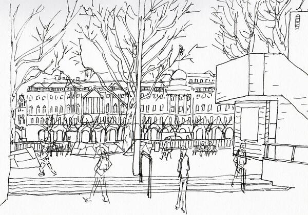 Charles_Dietz's tweet photo. Looking across embankment &amp; Thames to Somerset House from National Theatre #linefebruary #thedailysketch #draw2live http://t.co/jSaXwb9reg