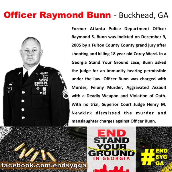 endsygga's tweet photo. Officer Raymond Bunn never went to trial because of #StandYourGround #EndSYGga http://t.co/vo03S1cYup #Fight4AFuture