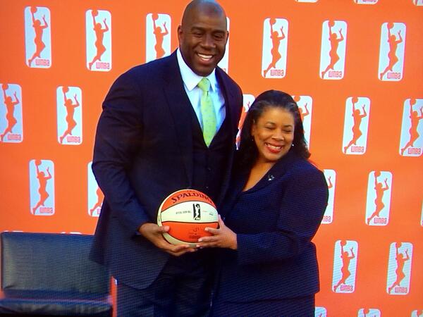 LASparks's tweet photo. New owner @MagicJohnson &amp; @WNBAPrez Laurel Richie at today's announcement! http://t.co/PQ6FSEuyOT