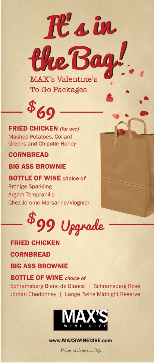 MaxsWineDiveTX's tweet image. Enjoy a sexy MAX's dinner for #VDay in your own home. Stop by #MAXsWash for our "It's in the Bag!" to-go special!