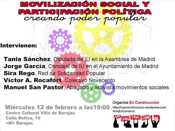 IUBarajas's tweet photo. El miércoles día 12, en el Centro Cultural Villa de Barajas, acto de los compañeros de IU @IzqEnConstruc D http://t.co/xPGu0hFdGX
