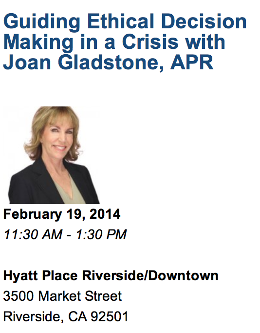 PRSSA_CSUSB's tweet photo. Ready for this months @PRSA luncheon? Guiding Ethical Decision Making in a Crisis with @JoanGladstone #CSUSBPRSSA http://t.co/XIlIWkiVVF