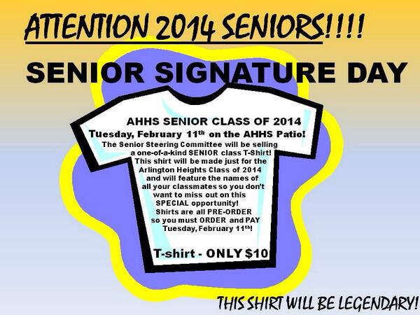 AHHSstuco's tweet photo. SENIORS: Don't forget the Senior Signature Day!! Next Tuesday, February 11th!! 🐝2⃣0⃣1⃣4⃣ http://t.co/H3Pdzvk38k