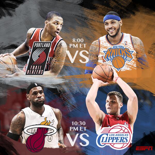NBA's tweet photo. Tonight's @ESPNNBA Sched: #NBACountdown (7:30pm/et), @TrailBlazers/@NYKnicks (8et), @MiamiHEAT/@LAClippers (10:30et). http://t.co/69sJ3K7SLz
