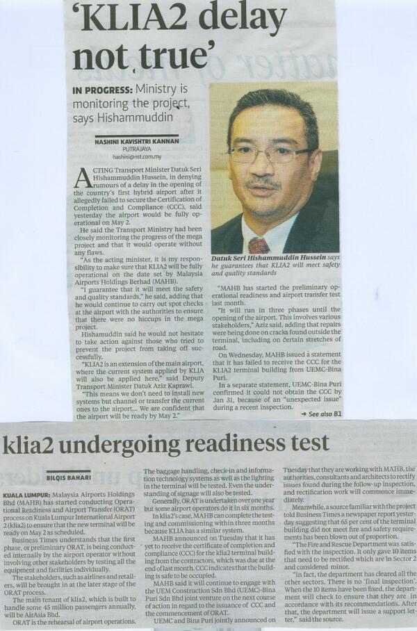 MOTMalaysia's tweet photo. New Straits Times 06feb m/s13  "'KLIA2 delay not true"@HishammuddinH2O @H2OComms @AKaprawi http://t.co/4zBtmQLUVf