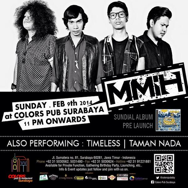 <a href="/MmihOfficial/">MY MOTHER IS HERO</a> #Sundial album pre-launch w/ <a href="/tamannada/">Taman Nada</a> &amp; <a href="/timexless/">Yasmin</a> | <a href="/colorspubsby/">COLORS PUB & REST.</a>, Minggu, 9 Feb 2014 | Free!