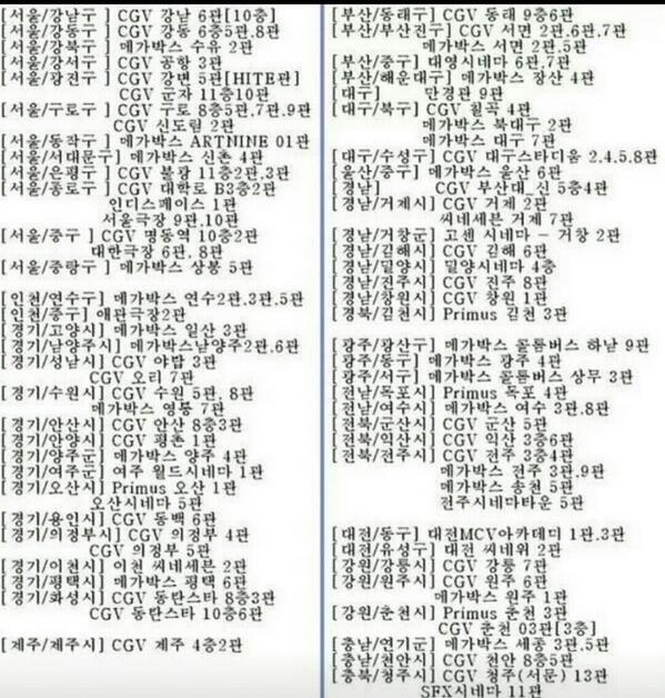 현재 확정된 '또하나의 약속' 상영관들이라고 하는데, 확실히 롯데 시네마가 적긴 하네요. 그래도 널리 공유해 만원 사례로 상영관을 확 늘려 나갔으면 합니다.