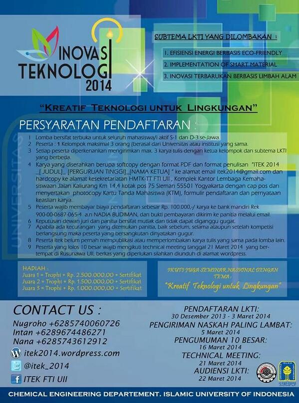 Lomba Karya Tulis Ilmiah&amp;Seminar Nasional u/ mahasiswa aktif D3/S1 se-JAWA by @Tekim_UII  (via <a href="/Itek_2014/">Inovasi Teknologi </a>)