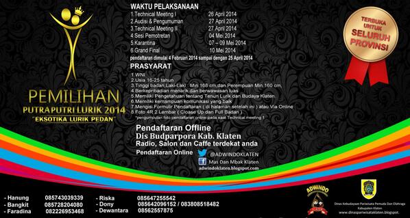 kabarklaten's tweet photo. #klaten @ADWINDOKLATEN: Pemilihan Putra Putri Lurik 2014 I pendaftaran online https://t.co/wDT72hB2Nm http://t.co/AOHRPjyMk1