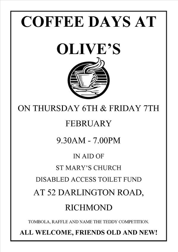 Everybody is invited to the Coffee Days at Olives in aid of DAT. See you there.