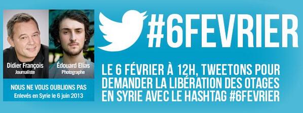 jnbuisson's tweet photo. Un tweet pour Didier, Edouard, et tous les autres otages, pour les sortir de là. Vite. #6fevrier http://t.co/kLbISGyep6