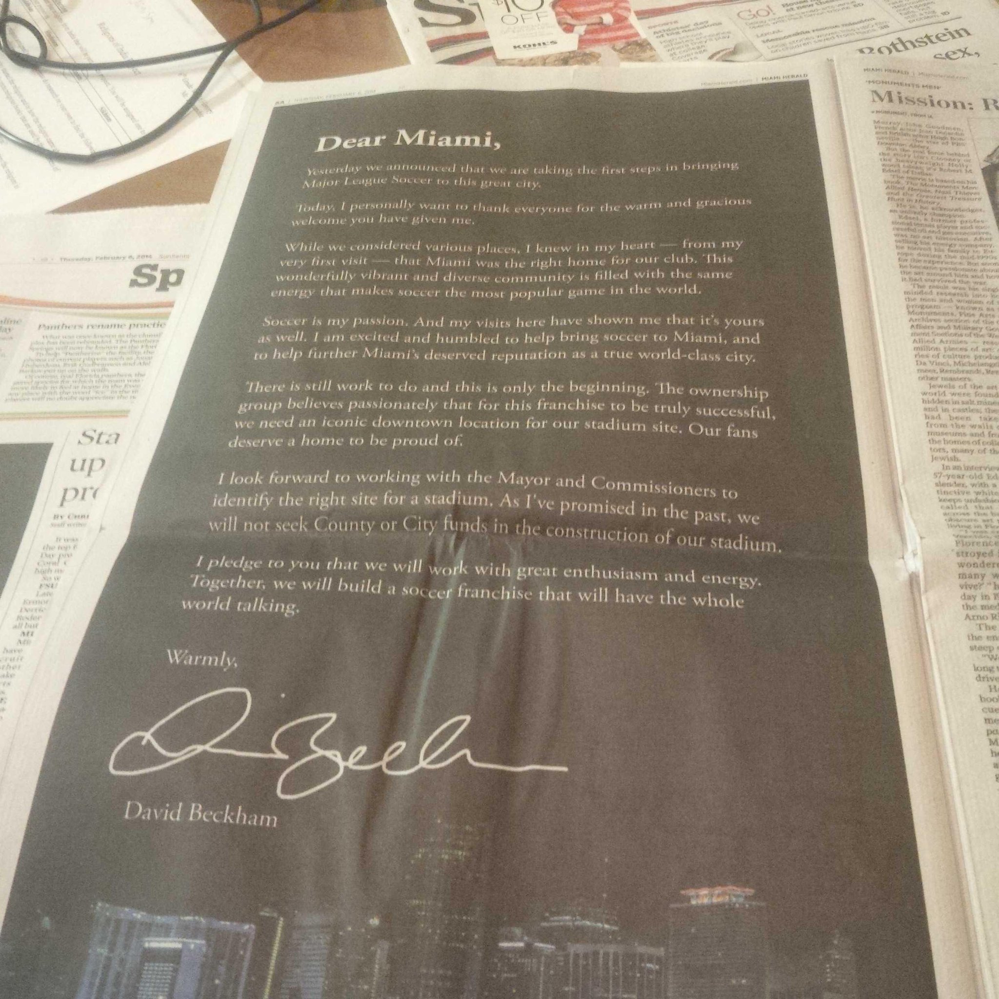 David Beckham gets another PR win writing a full page letter in a Miami paper [Picture ...2048 x 2048