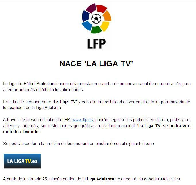 Jaime on Twitter: "La LFP crea La Liga TV para ver en directo, y en abierto partidos de la Adelante (vía @RaulVillalbaRey ) http://t.co/IgGgiMNCXm" / Twitter