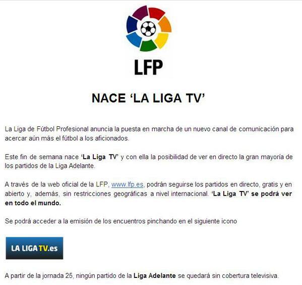 Jaime on Twitter: "La LFP crea La TV para ver directo, gratis y en abierto partidos de la Liga Adelante (vía @RaulVillalbaRey ) / Twitter