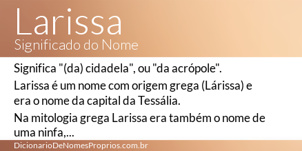 dicionarionomes's tweet photo. @WordTaquesa_ Veja mais sobre o nome Larissa em http://t.co/DTpnnQEqwN http://t.co/d6M4YKZQxA