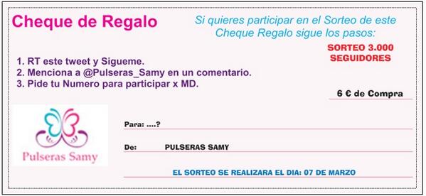 Pulseras_Samy's tweet photo. 🎉SORTEO🎉 CHEQUE REGALO POR VALOR DE 6€ de Compra😳 PARTICIPA YA👉 RT (hay q seguir todos los pasos para participar) http://t.co/Qdi4hOFOJw