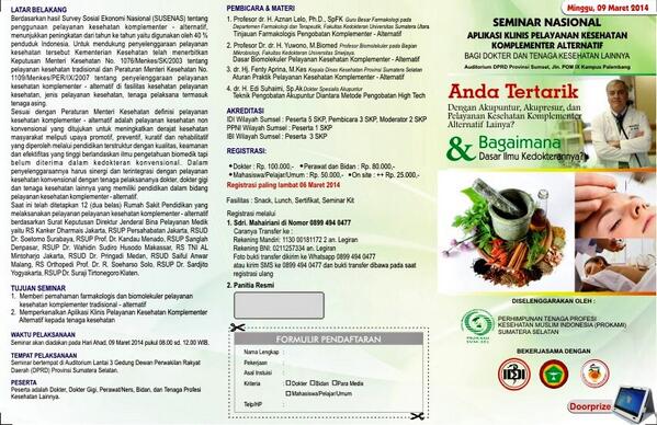 Yukk ikuti seminar ttg akupuntur. Ada 2 Prof, Sp.Akupuntur &amp; Kadinkes Prov. Ada SKP IDI, PPNI, IBI, lunch &amp; snack