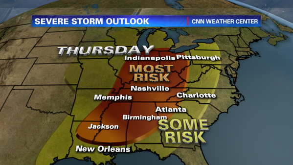 CNNweather's tweet photo. Thursday, a large area at risk for severe thunderstorms.  Damaging winds possible with a slight tornado threat. http://t.co/6aaVcbbWPj