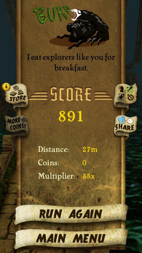 Meltrep's tweet photo. I got 891 points while escaping from demon monkeys. Beat that! http://t.co/wIxnmjVinD #TempleRunb http://t.co/UspedPo7P2