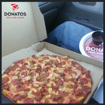 Donatos's tweet image. Sometimes the pizza doesn't make it all the way home. We understand. ;) #PickUpWindow