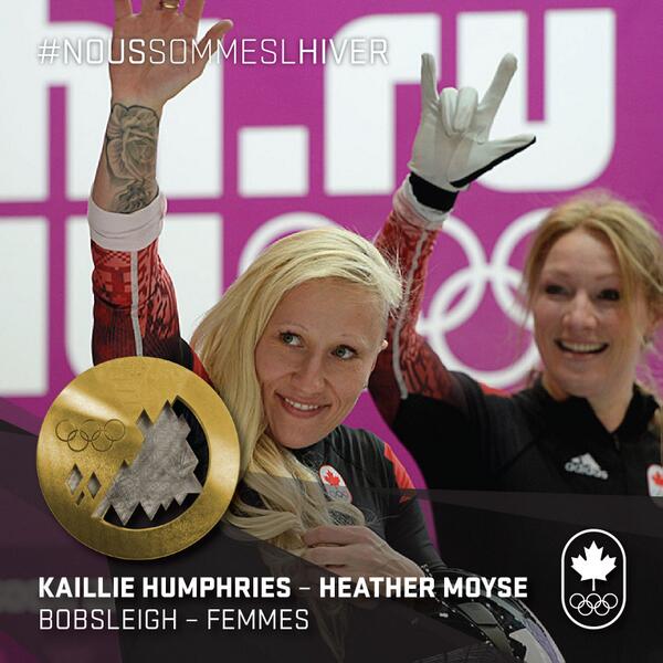 Equipe_Canada's tweet photo. http://t.co/t3Vlgv0BlN : Humphries &amp; Moyse ont gagné l’or en #bobsleigh pour une 2e fois aux #Olympiques http://t.co/sWQnxbt9sw
