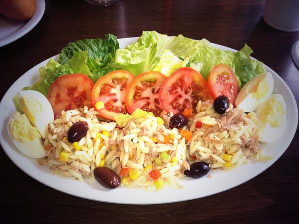 leadereater's tweet image. Orzo Pasta Salad laced with tuna at French Riviera Bakery on Chimney Rock. Crusty roll on the side was a nice touch!