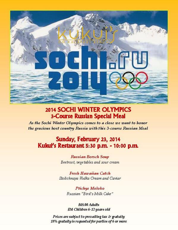 MarriottHawaii's tweet photo. #Kauai Marriott Resort will offer a 3 course Russian dinner this Sunday in honor of #Russia #Sochi #Olympics2014 http://t.co/ItKIAZIO1o