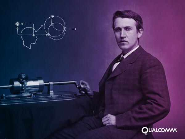 Qualcomm's tweet photo. On this day in history, Thomas Edison invented the phonograph. Thankfully our music is now as portable as our phones. http://t.co/XaBWBNbLVM