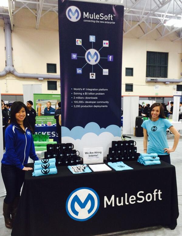 MeganAtMulesoft's tweet photo. 45 minutes left for the #ucbcareerfair  We have the best #swag at the @MuleSoft table. #RunWithTheMules http://t.co/l4TEZCK1Rx