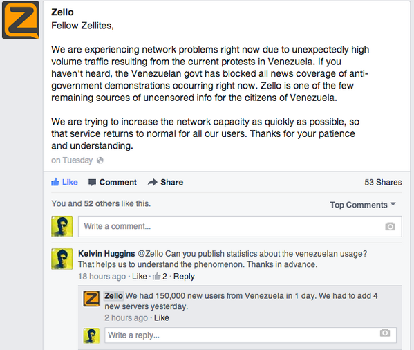 kelvinhuggins's tweet photo. Zello registró 150.000 usuarios nuevos de Vzla ayer y tuvo que poner 4 servidores más #SOSVenezuela #Zello http://t.co/kLZzc1v3IP