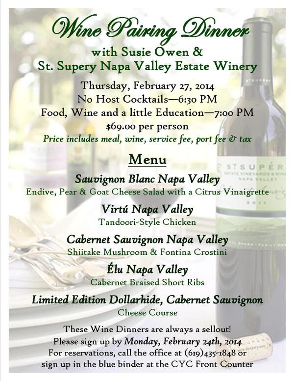 CoronadoYC's tweet photo. Members, join us for our Annual Wine Pairing Dinner, Feb. 27. Seats are still available - call now! http://t.co/KOhY73A6Z6