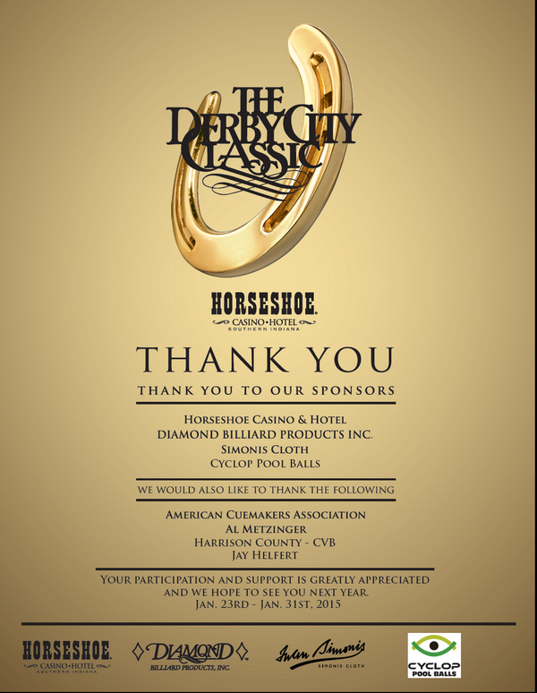 DIAMONDBILLIARD's tweet photo. The #DerbyCityClassic wants to thank our sponsors! Thanks to @DIAMONDBILLIARD , @Simonistour , and Cyclop! #dcc #pool http://t.co/sY05BtHDHT