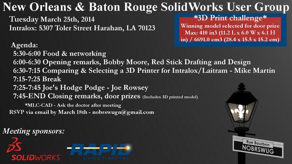 RedStickDD's tweet photo. Join us at our next #SWUG meeting. #SolidWorks #NewOrleans http://t.co/ATlOr6wNbU