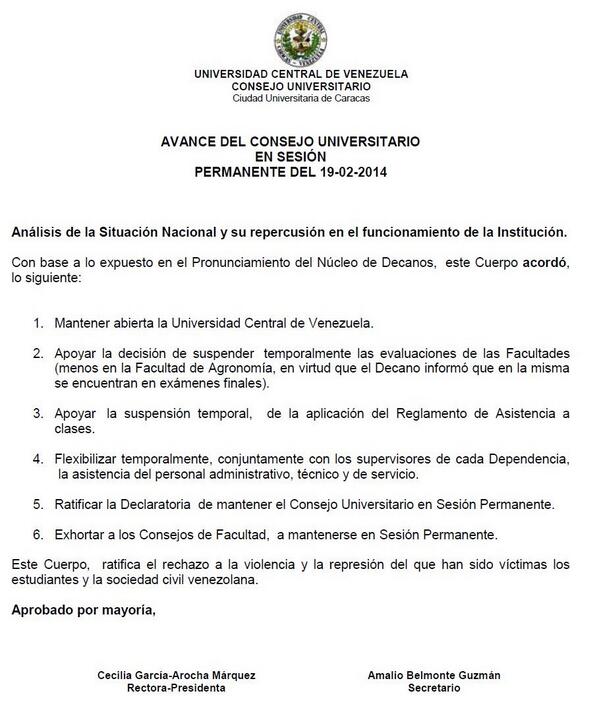 Resolución del Consejo Universitario #UCV 19/02/14 continuamos en sesión permanente