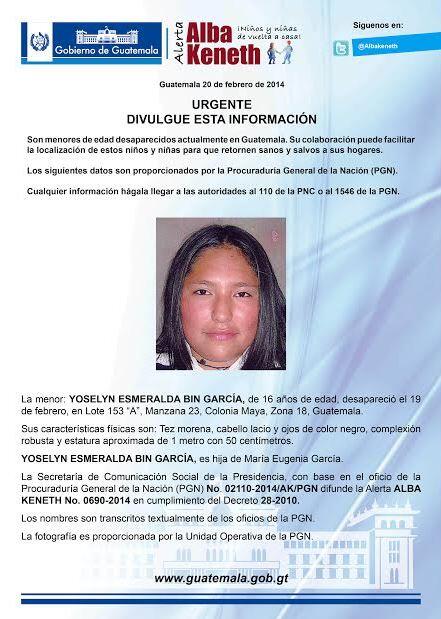 AGN_noticias's tweet photo. Alerta Activada: Yoselyn Esmeralda Bin García http://t.co/J7TiDHFzLq