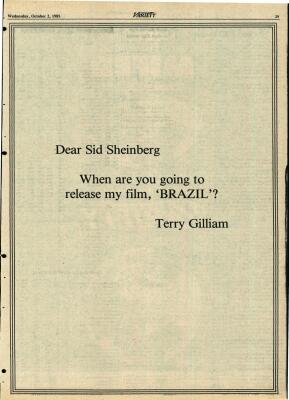 "Dear Sid Sheinberg. When are you going to release my film Brazil?" Terry Gilliam's masterpiece, tonight at 11.15pm.