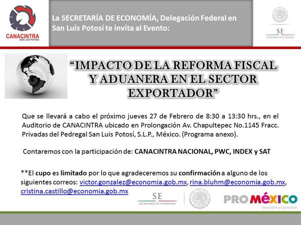 Confirma asistencia al Taller Impacto de la Reforma Fiscal y Aduanera en victor.gonzalez@economia.gob.mx