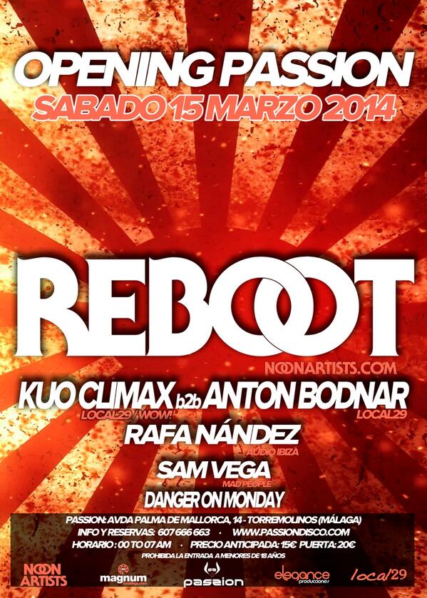 15 Marzo Opening Passion REBOOT + Kuo Climax + Antón Bodnar + Rafa Nández + Sam Vega y+ <a href="/Local_29/">Local29</a> <a href="/passiondisco/">PASSION DISCO</a>