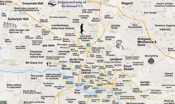 tcop07's tweet photo. Judgmental map of Richmond is hilarious. http://t.co/RhuLOCvLx1 #maps #RVA http://t.co/TQrufpAeOp