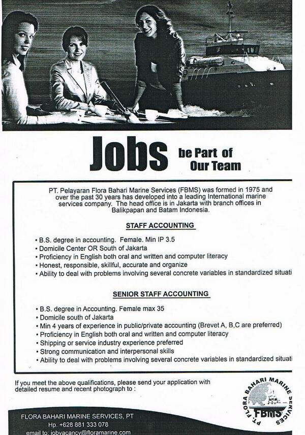 CareerFEB_UI's tweet image. #career Vacancy at PT Pelayaran Flora Marine Service as Staff Accounting and Senior Staff Accounting