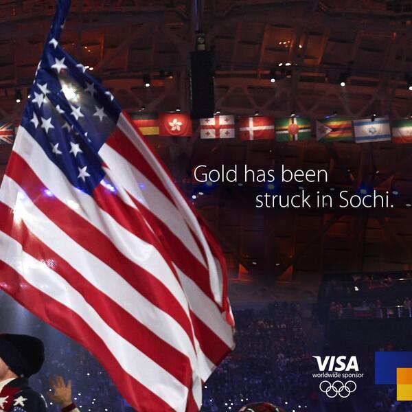 Visa's tweet photo. Congrats #TeamUSA on your 1st Olympic Gold at the #Sochi2014 Olympic Winter Games! May it be the first of many. http://t.co/GpqnjfFrgq