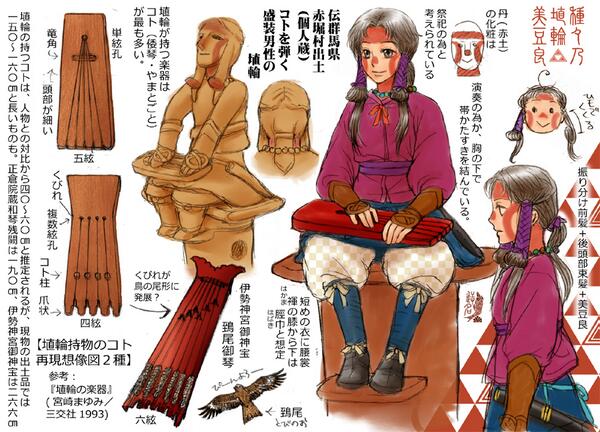 【続・埴輪美豆良(2)】 #みづら祭 
◆コトを弾く盛装男性埴輪 伝群馬県赤堀村出土◆
埴輪の中には、楽器を携えているものがある。多いのはコト─現在も雅楽で使用されている和琴(わごん)の祖とされる、倭琴(やまとごと)。以下倭琴について http://t.co/tg0USDr2p0